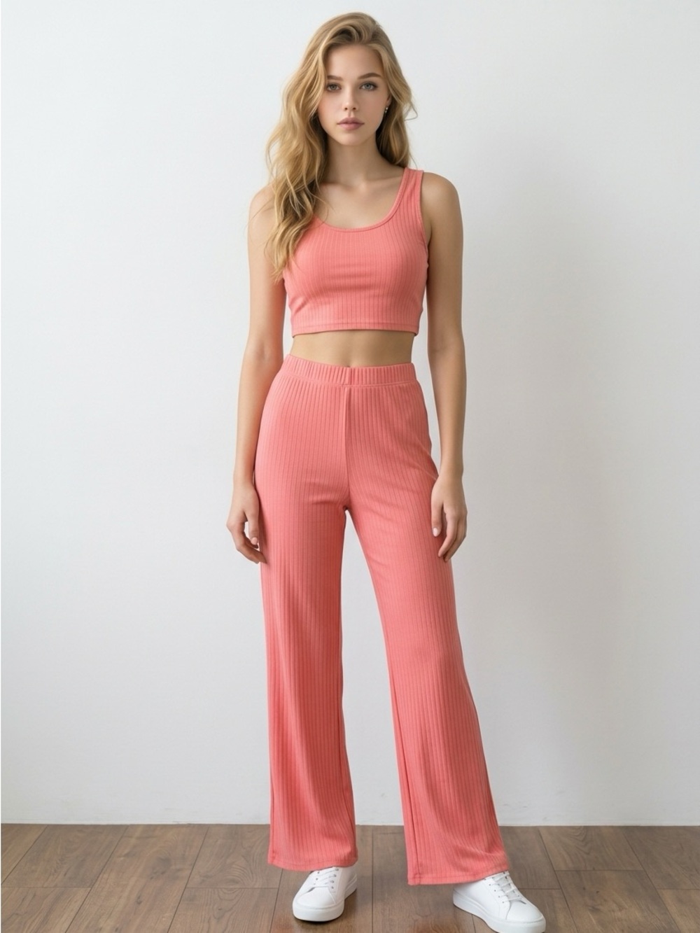 Wide-Leg Ribbed Crop Tank and Pants Set - Coral